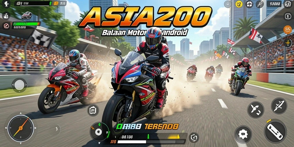 Screenshot utama ASIA200 menampilkan balapan motor yang seru dan mendebarkan.