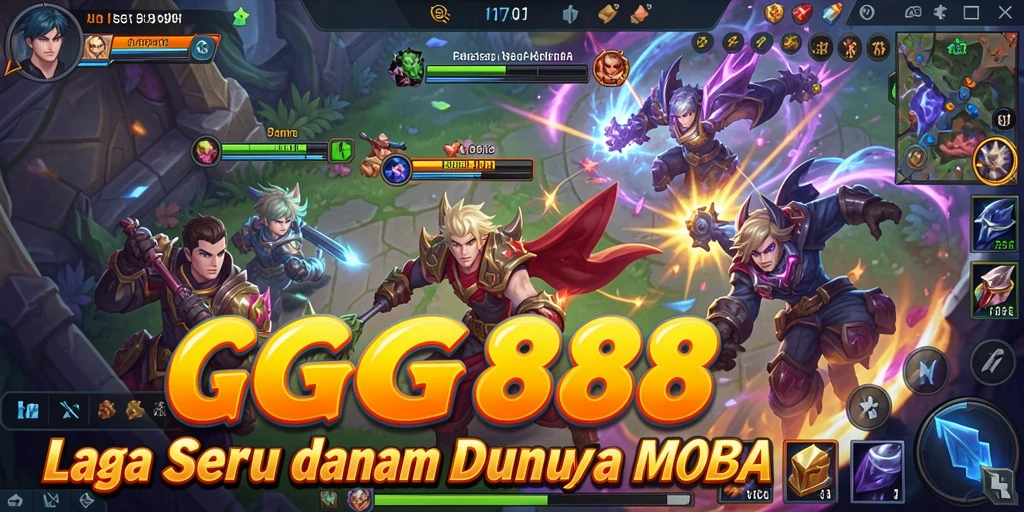 Screenshot gameplay GGG888 menunjukkan aksi seru dalam pertandingan MOBA.
