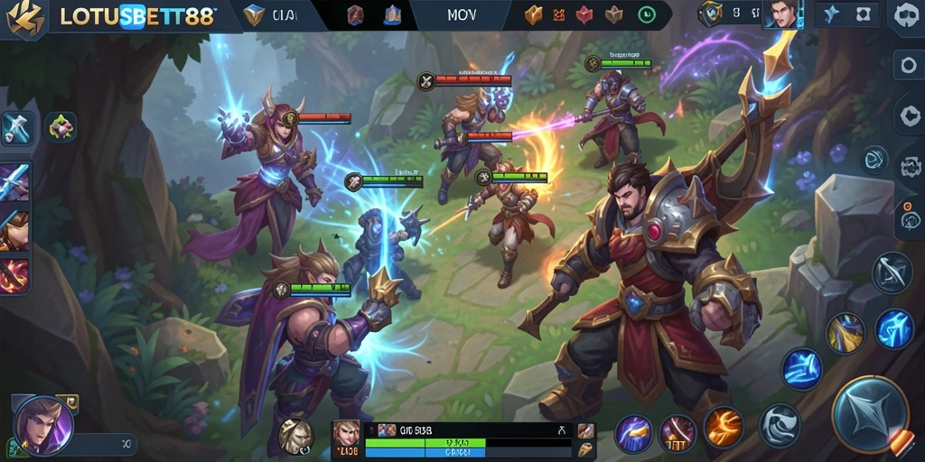 Screenshot gameplay LOTUSBET88 yang menampilkan pertarungan tim yang seru.