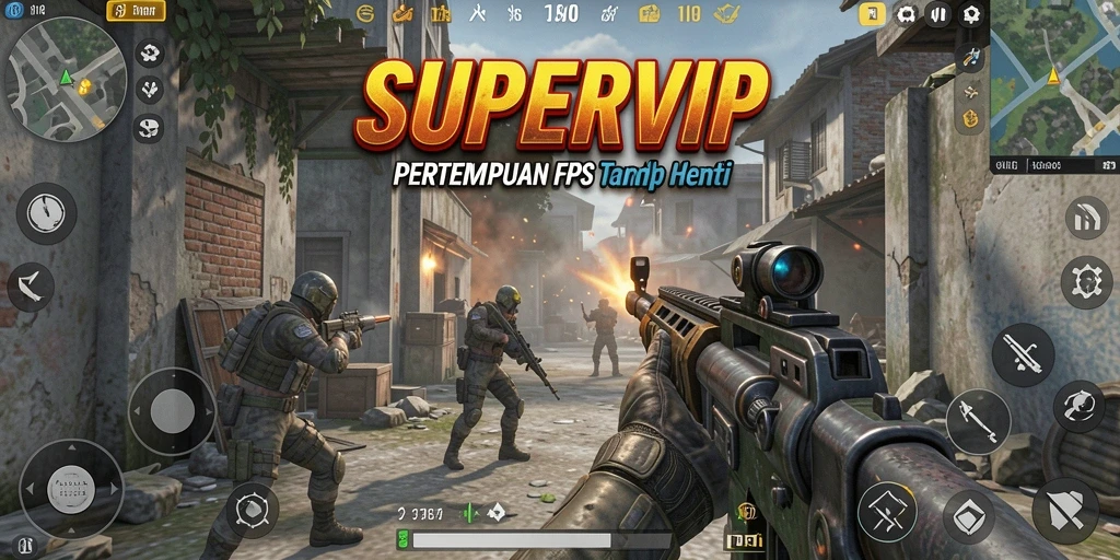 Screenshot utama SUPERVIP menampilkan pertempuran FPS yang mendebarkan.